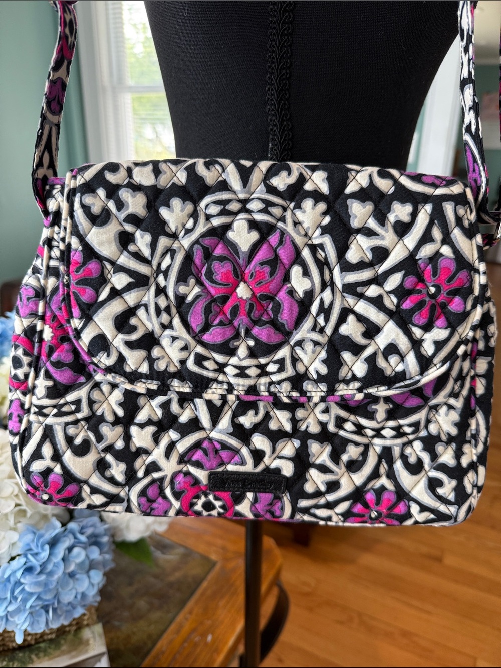 Vera Bradley Quilted Crossbody - Black, White & Purple RETIRED Scroll Medallian